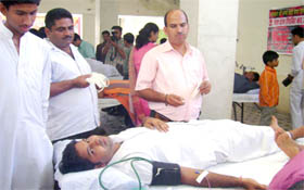 A man donating blood at a camp organised by Shree Satya Sai Seva Sangathan in Abohar on Saturday. As many as 83 persons donated blood at the camp.