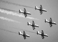 The Suryakiran Formation Aerobatic Team performs at Air Force station in Ambala. The Air Show was organised to commemorate Air Force Day, which falls on October 8.