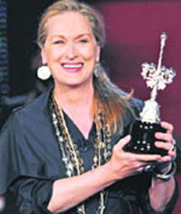 US actor Meryl Streep receives the Donostia Award for lifetime achievement at the San Sebastian Film Festival in San Sebastian on Friday, Spain