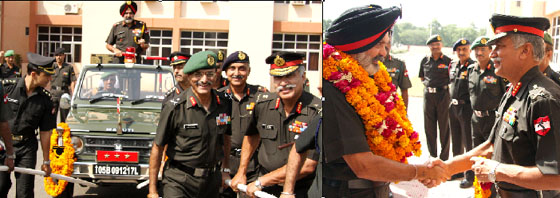 Lieutenant General R.S. Sujlana being pulled out during the jeep pulling ceremony by Lieutenant General D.S. Chauhan (extreme right) and others from the Chetak Corps Headquarters at Bathinda Military Station on Sunday; and right: Lt Gen R.S. Sujlana being seen off by Lt Gen D.S. Chauhan, who is the new GOC of Chetak Corps.