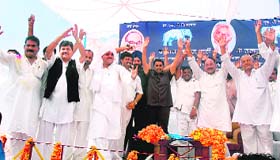 BSP leaders greet party workers during the Janhit Chetna Rally in Jammu