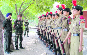 NCC cadets undergo training at a camp in Ludhiana on Monday. 