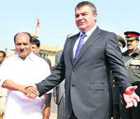 Defence minister A.K. Antony and his Russian counterpart Anatoly Serdyukov after signing an agreement in New Delhi on Monday.