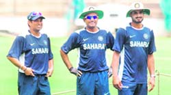 Tendulkar, Sehwag and Harbhajan on the first day of the training session, ahead of the Australian series, at Chinnaswamy Stadium in Bangalore