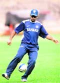 MS Dhoni plays football during the 6-day training session ahead of the Australian series at Chinnaswamy Stadium in Bangalore