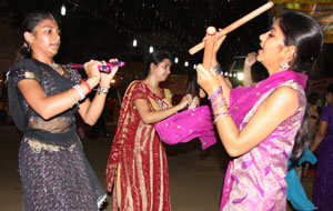 Girls competing in a dandiya contest organised on the occasion of first Navratra at SSD girls school in Bathinda on Tuesday night. 