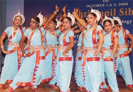 Students of DAV Public School, Gurgaon, perform the Saraswati Vandana during a bharatnatyam show on Wednesday. 