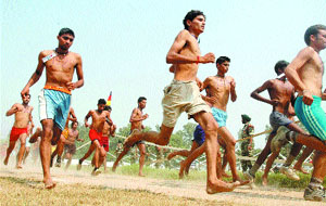 Wannabe armymen take part in the recruitment rally held at Guru Nanak Stadium in Kapurthala on Wednesday.