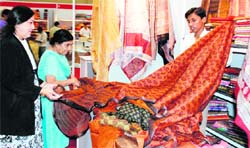 Showcasing designer saris from Karnataka, the exhibition has a silk sari that is made from threads of gold. This sari comes in a pure gold lace embedded with swarowski crystals and is priced around Rs 2 lakh.