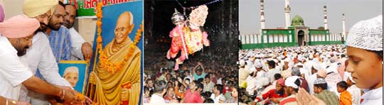 Congress leaders paying tributes to Mahatma Gandhi and Lal Bahadur Shastri on their birth anniversary on Thursday; (centre) Ramlila in progress at Kikar Bazar in Bathinda on Wednesday night; A child offering prayers (right) at a mosque in Bathinda on the occasion of Eid-ul-Fitr 