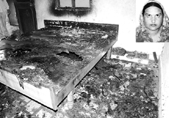 The house that was set a fire in Rajpura; and (inset) Manjir Kaur.