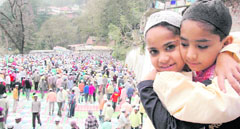 Muslim boys greet each other after offering prayers at Idgah on the occasion of Id-ul-Fitr in Shimla on Thursday.