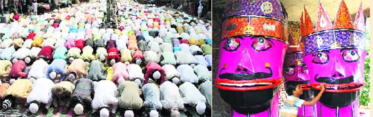 People offer namaz on the occasion of Eid-ul-Fitr in Ludhiana on Thursday. Photo: Rajesh Bhambi. Right: An artist imparts final touches to Ravana, Meghnatha and Kumbhakarana