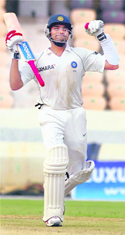Board President XIs Rohit Sharma reacts after his century against Australia on day one of the four-day match at Rajiv Gandhi International Cricket Stadium in Hyderabad on Thursday.