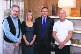 From left: Steven Speilberg, Stacey Snider, Anil Ambani and David Geffen pose for a photograph after signing a deal for setting up a new motion picture studio in Hollywood, USA.