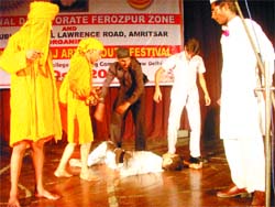 Students enact a play during a youth festival which culminated at DAV Public School in Amritsar on Friday. 
