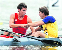 Angus Mortimer (L) rose from the university level in Canada and narrowly missed a medal in kayaking at the Beijing Games.
