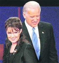 Republican vice-presidential nominee Alaska Governor Sarah Palin and Democrat vice-presidential nominee Senator Joe Biden