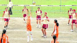 A match in progress during the Panjab University Inter-College Volleyball A-Division (Women) Tournament for 2008-09 on PU campus, Chandigarh.