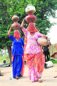 Two Rajasthani women carry earthen drinking water pots near Narayangarh in Ambala district on Sunday. 