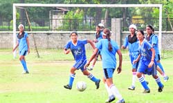 A football match in progress between Hoshiarpur and Moga in the Inter-District Tournament at PAU in Ludhiana