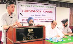Dr K.K. Talwar, a cardiologist from PGIMER, addresses physicians during a CME in Ludhiana