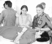 A view of blood donation organised to celebrate 83rd birth anniversary of Sathya Sai Baba