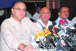 BJP general secretary Arun Jaitley (extreme left) and other BJP leaders address mediapersons in Jammu on Tuesday. 