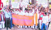 Shiv Sena activists hold a march demanding a Hindu temple management body in Ludhiana on Tuesday.