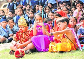 Children of Gian Jyoti Public School dressed as Lord Rama and Hanuman during the Dussehra celebrations in Phase II, Mohali
