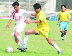 A state-level inter-district school football match being held in Ludhiana on Wednesday.