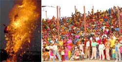Effigy of Ravana burning in Sriganganagar on the occasion of Dussehra on Thursday; a section of the Dussehra crowd in Sriganganagar