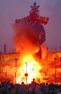 The burning effigy of Ravana at Subhash Maidan in New Delhi 