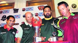 Captains of ICL teams (L-R) Habib-ul-Bashar (Dhaka Warriors), Chris Harris (Hyderabad Heroes), Inzamam-ul-Haq (Lahore Badshahs) and Chris Cairns (Chennai Superstars) at the unveiling ceremony of ICL trophies in Hyderabad on Thursday. Hyderabad Heroes take on Lahore Badshahs in the inaugural match on Friday at 7.30 pm at Lal Bahadur Shastri Stadium, Hyderabad.  PTI