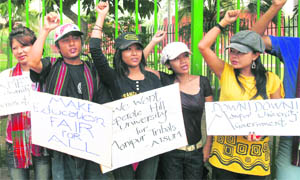 Members of the All-Tribal Students Union of Manipur demand a separate hill university for Manipuri tribals in New Delhi on Friday.