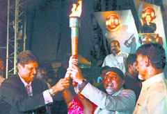 ICL chairman Kapil Dev, chairman, Essel Group, Subash Chandra and TDP president N. Chandra Babu Naidu at the opening ceremony of ICL at L.B. Stadium in Hyderabad on Friday.