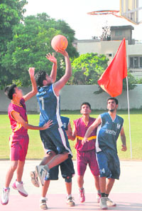 A match in progress during the 11th CBSE Inter-School Basketball Championship in Chandigarh on Saturday. 