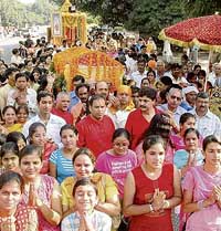 Devotees take out a procession on account of Samadhi Divas of Shirdi Sai Baba in Sector 29, Chandigarh, on Saturday. 