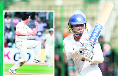 Harbhajan Singh plays a shot; and Mitchell Johnson (L) celebrates the wicket of Sourav Ganguly during the third day of the first Test between India and Australia at the M. Chinnaswamy Stadium in Bangalore on Saturday.