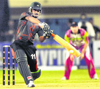 Warriors Shahriar Nafees in action against Chennai Superstars at LB Stadium in Hyderabad on Saturday.