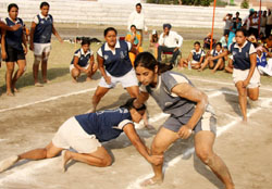 A kabbadi match in progress at the Punjab State Games for Women at the Sports Stadium in Bathinda 