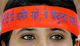 An activist of the Samajwadi Party protests violence against Christians in Orissa and Karnataka at Jantar Mantar in New Delhi on Sunday. 