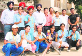 Players of Guru Nanak Khalsa College for Women, who won the Senior Ludhiana District Baseball Championship, on Sunday.