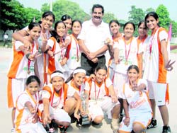Girls of New Public School, Chandigarh, who won the CBSE Cluster XIII Inter-School Basketball Championship in Chandigarh