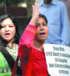 Activists of the All India Progressive Women's Association demonstrate against anti-Christian violence in Orissa, in New Delhi