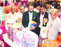 Members of the PoK Chamber of Commerce go round a trade fair in Jammu on Monday. 
