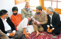 Kashmir Coordination Committee leaders headed by JKLF Chairman Yassen Malik along with Hurriyat Conference (G) acting chief Ghulam Nabi Sambji and other separatist leaders hold a meeting at in Srinagar on Monday. 