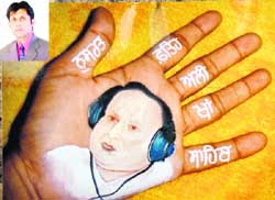 Yash Momi, a teacher from Philluar, shows a sketch of Nusrat Fateh Ali Khan on his palm.