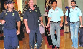 Australian skipper Ricky Ponting, Mathew Hayden, Sachin Tendulkar and Zaheer Khan arrive at the Taj hotel in Chandigarh