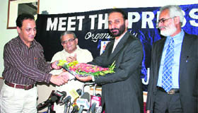 Zulfikar Abbas (second from right), president of the PoK Chamber of Commerce, is honoured by the Jammu Press Club on Tuesday.